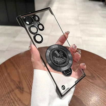 Samsung Galaxy S23 Ultra 5G Clear phone case with black circular design held by a hand on a wooden surface.