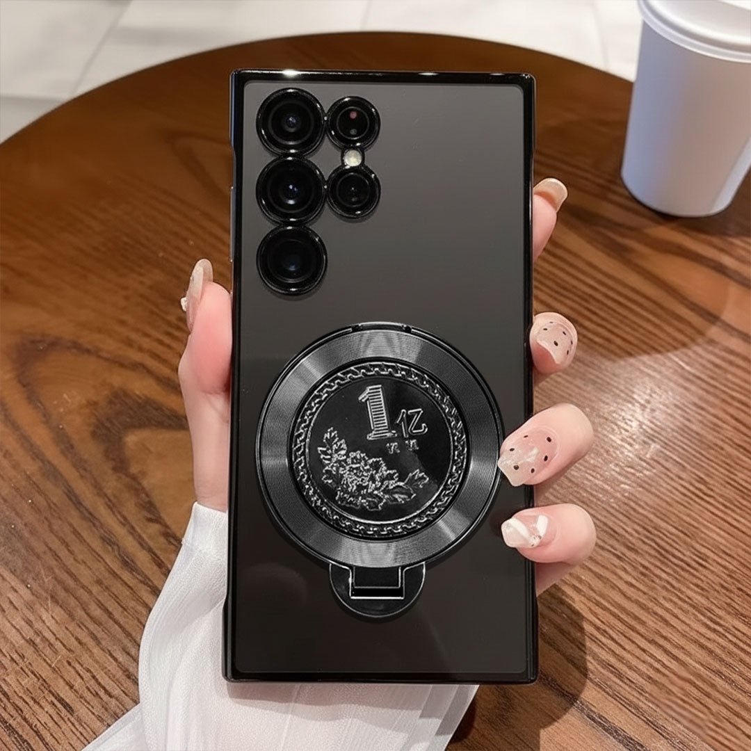 Samsung Galaxy S23 Ultra 5G Black phone case with a unique design held by a hand on a wooden surface.