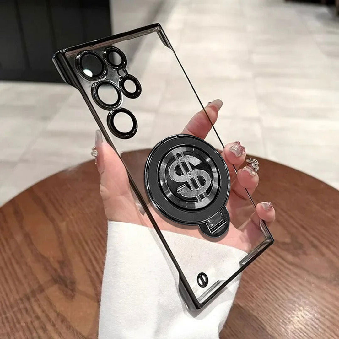 Samsung Galaxy S23 Ultra 5G Clear phone case with black dollar sign design held by a hand on a wooden surface.