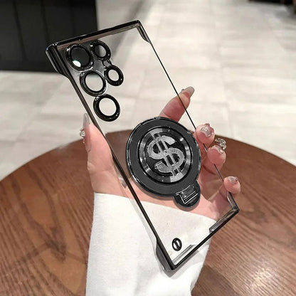 Samsung Galaxy S23 Ultra 5G Clear phone case with black dollar sign design held by a hand on a wooden surface.