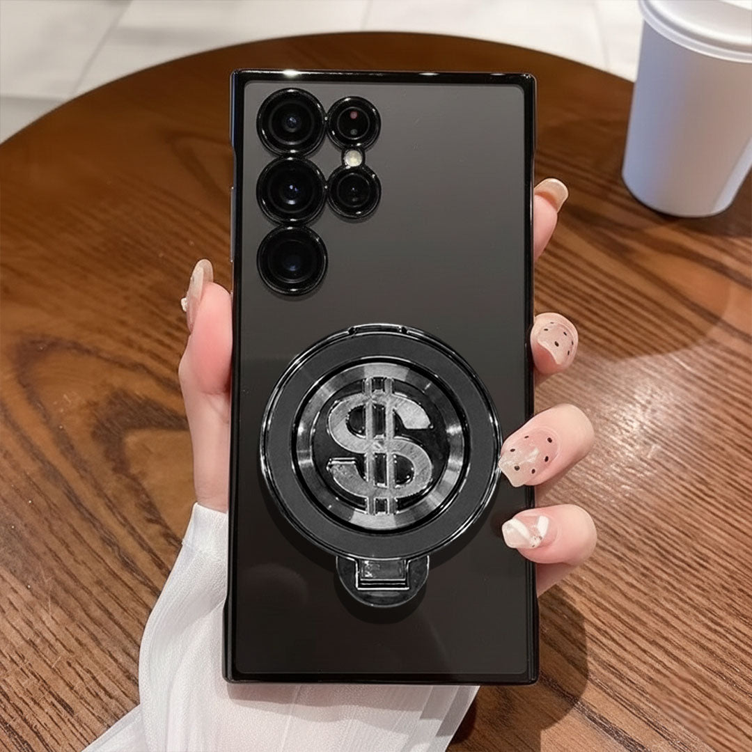 Samsung Galaxy S23 Ultra 5G Phone case with dollar sign design held by a hand on a wooden table.
