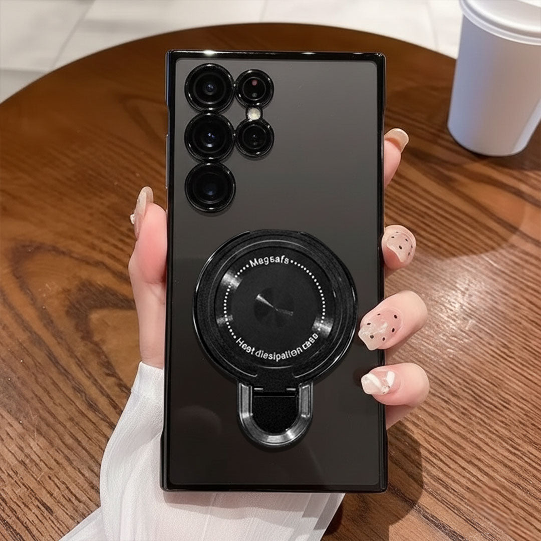 Samsung Galaxy S23 Ultra 5G Black phone case with camera lens design held by a hand on a wooden surface.