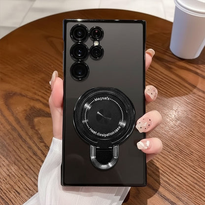 Samsung Galaxy S23 Ultra 5G Black phone case with camera lens design held by a hand on a wooden surface.