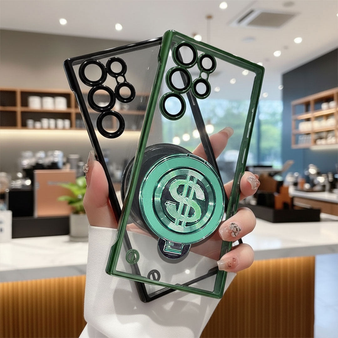 Samsung Galaxy S23 Ultra 5G Phone case with dollar sign design held by a hand in an indoor setting